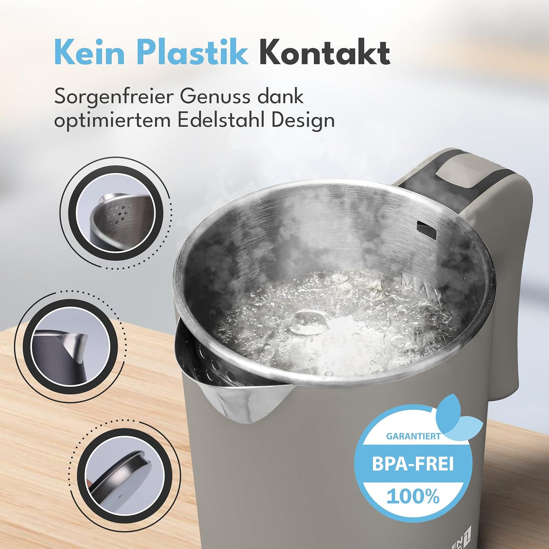 LEBENLANG Edelstahl Reisewasserkocher Klein - 500ml & BPA-Frei I 600W Mini Wasserkocher Klein Khaki