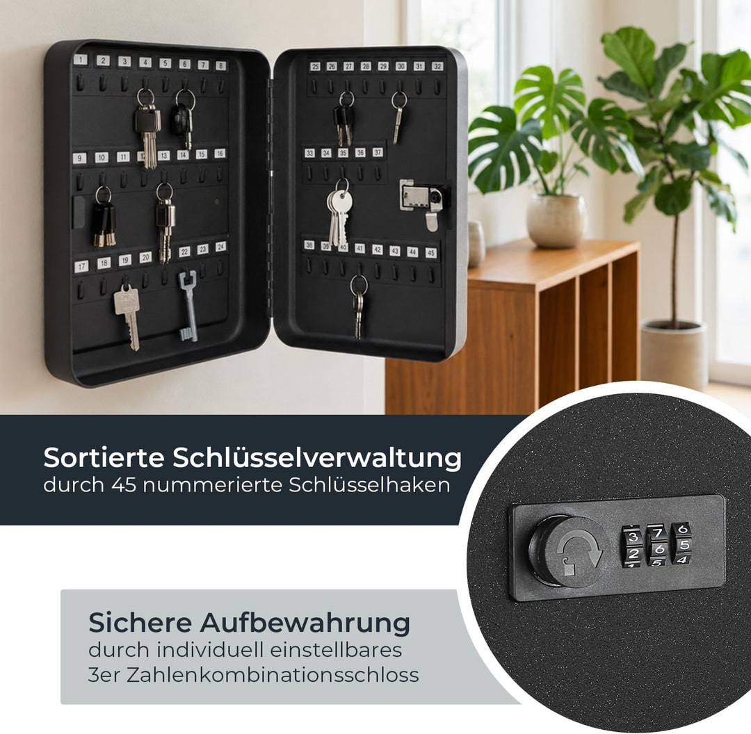 HMF 14500-02 Schlüsselkasten mit Zahlencode | 45 Haken | 30 x 24 x 7,5 cm | Schwarz, 30 x 24 x 7,5 c