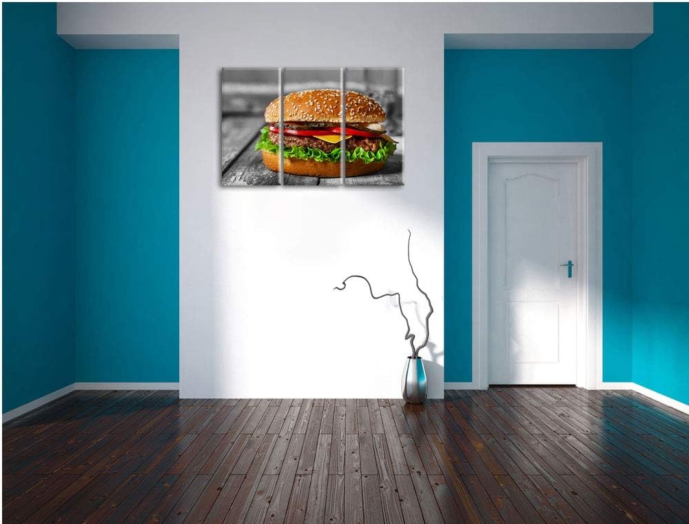 Pixxprint appetitlicher Cheeseburger als Leinwandbild | Grösse: 3 Teilig (120x80) | Wandbild| Kunstd