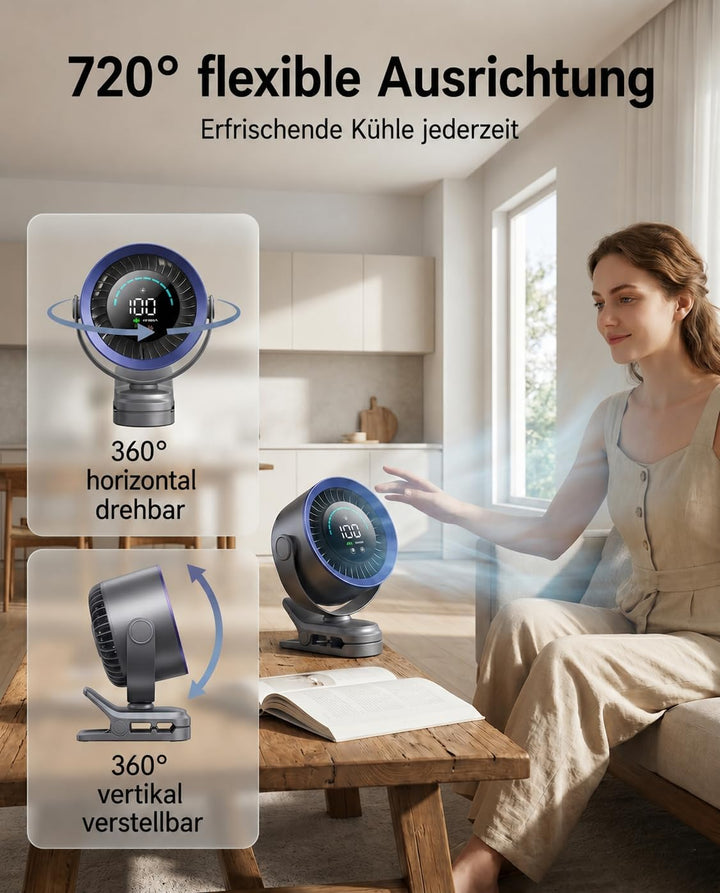 Clip Ventilator Akku, Mini Ventilator mit Klemme, Tragbarer Ventilator Klein mit 100 Stufen, USB Tis