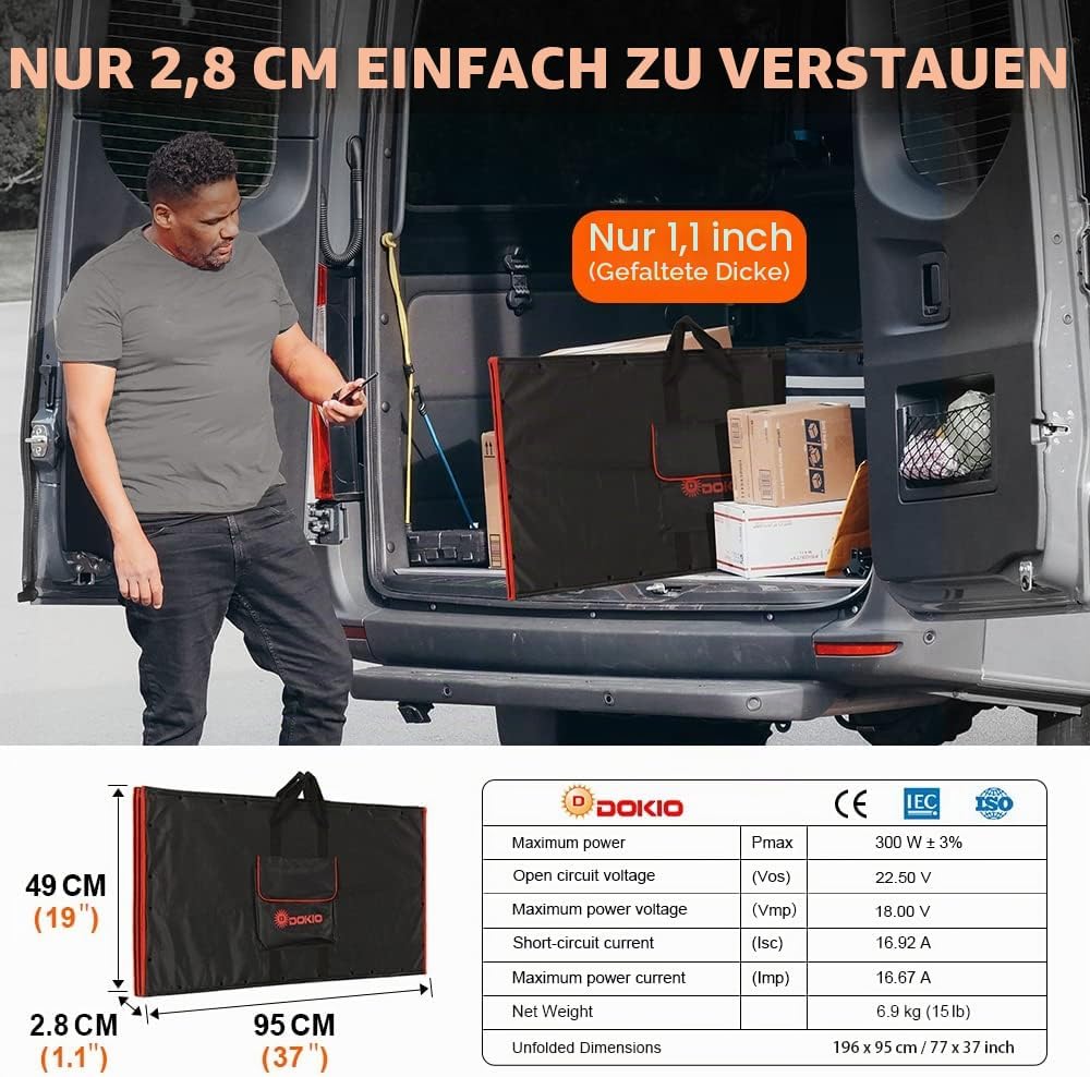 DOKIO 300W 18V Faltbar Solarmodule(54*104cm, 7,5kg) Monokristalline(Hohe Leistung) +Solar Controller
