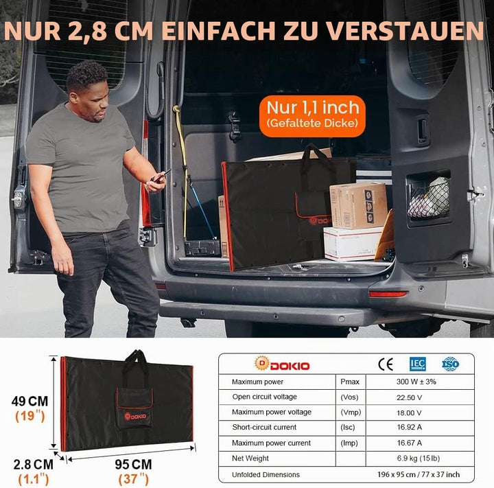 DOKIO 300W 18V Faltbar Solarmodule(54*104cm, 7,5kg) Monokristalline(Hohe Leistung) +Solar Controller