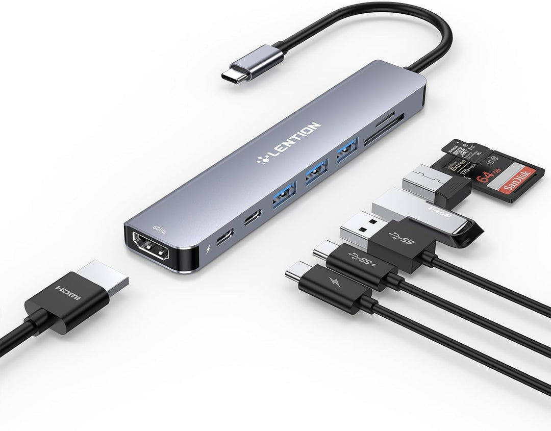 LENTION USB C Hub mit 4K60Hz HDMI, 100W PD, SD/TF Kartenleser, Typ-C Datei, USB 3,0 Adapter auf USB-