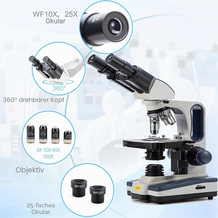 Swift Digitales Binokular-Mikroskop 40X-2500X, mit 5MP USB-Kamera, zweilagiger mechanischer Bühne un