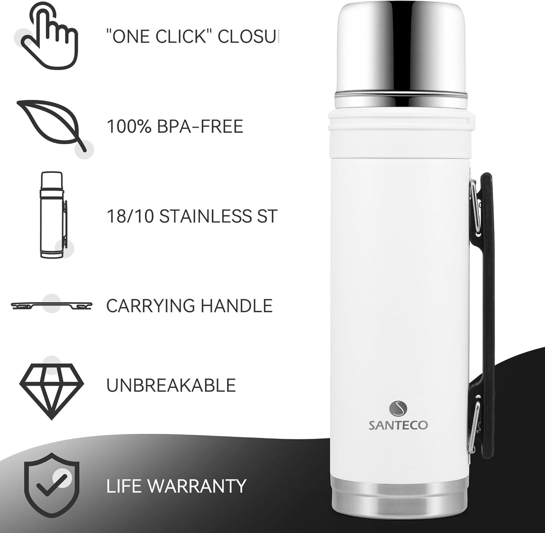 SANTECO Thermoskanne 1L - Thermoskanne mit Trinkbecher für unterwegs - Thermosflasche Edelstahl mit