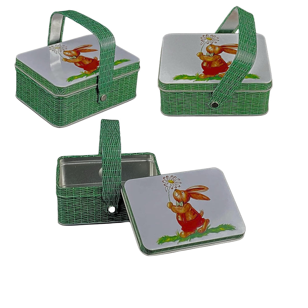 Dose mit Deckel und Henkel, Blechdose Korb mit Ostermotiv, ca. 10,4 x 7,5 x 4 cm, 3 Stück, Keksdose,