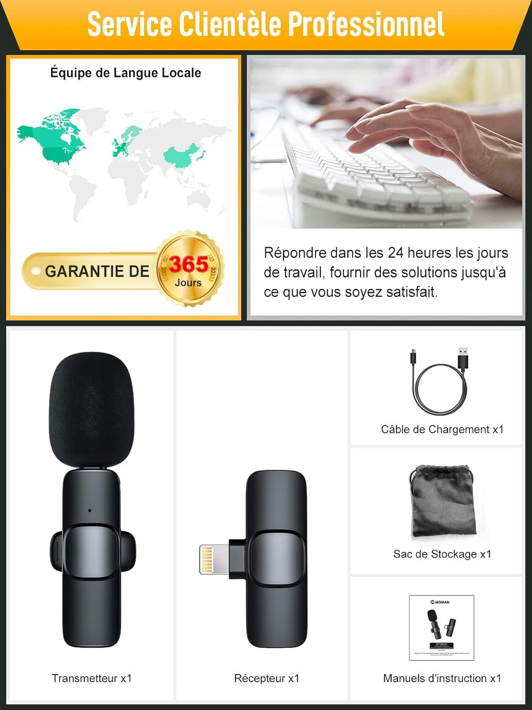 Moman Lavalier-Funkmikrofon-Ansteckmikrofon-Lightning-Kabellos 2.4GHz Auto Noise Canceling Wireless