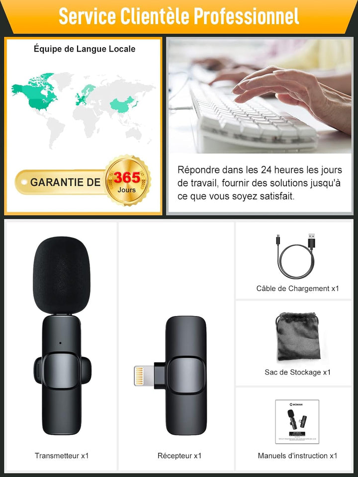 Moman Lavalier-Funkmikrofon-Ansteckmikrofon-Lightning-Kabellos 2.4GHz Auto Noise Canceling Wireless