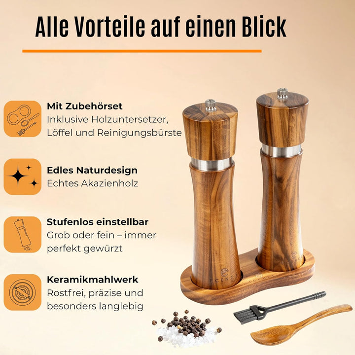 ECENCE Salz und Pfeffermühle Holz 2er Set Pfeffer und Salzmühle aus Akazienholz, Gewürzmühle mit Ker