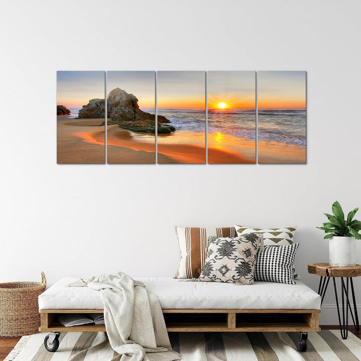 Runa Art Wandbild XXL Sonnenaufgang Strand Schlafzimmer Wohnzimmer 200 x 80 cm Orange 5 Teilig - Mad