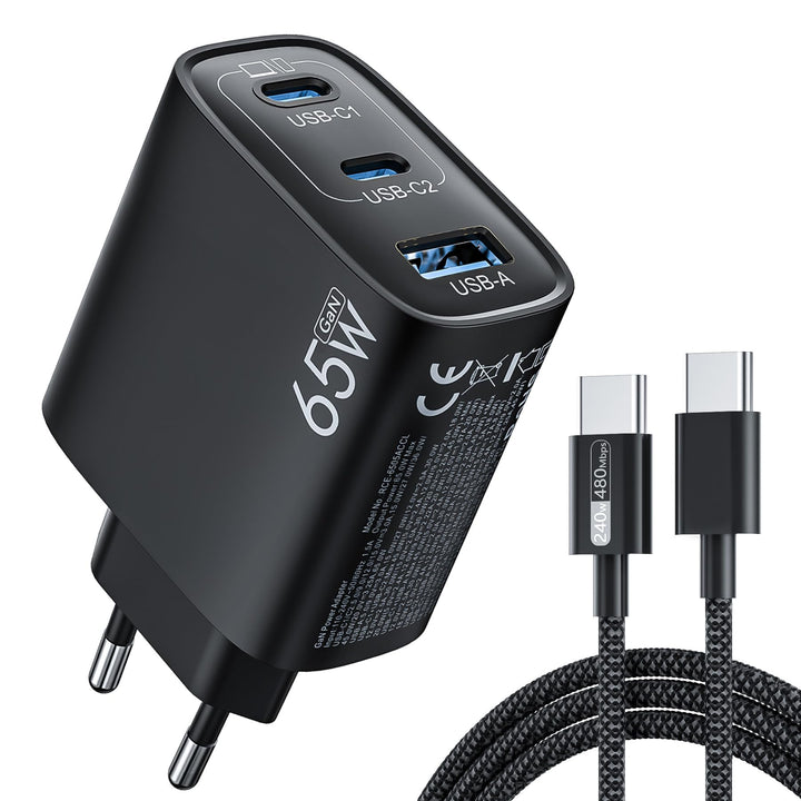 XUI USB C Ladegerät 65W 3-Port, USB-C Netzteil, PPS 60W Schnellladegerät schwarz, schwarz