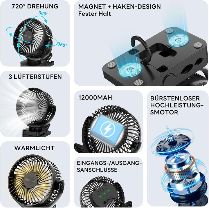 ELZO 12000mAh Campingventilator, USB-Tischventilator mit LED-Licht, Aufhängehaken und Magnetverschlu