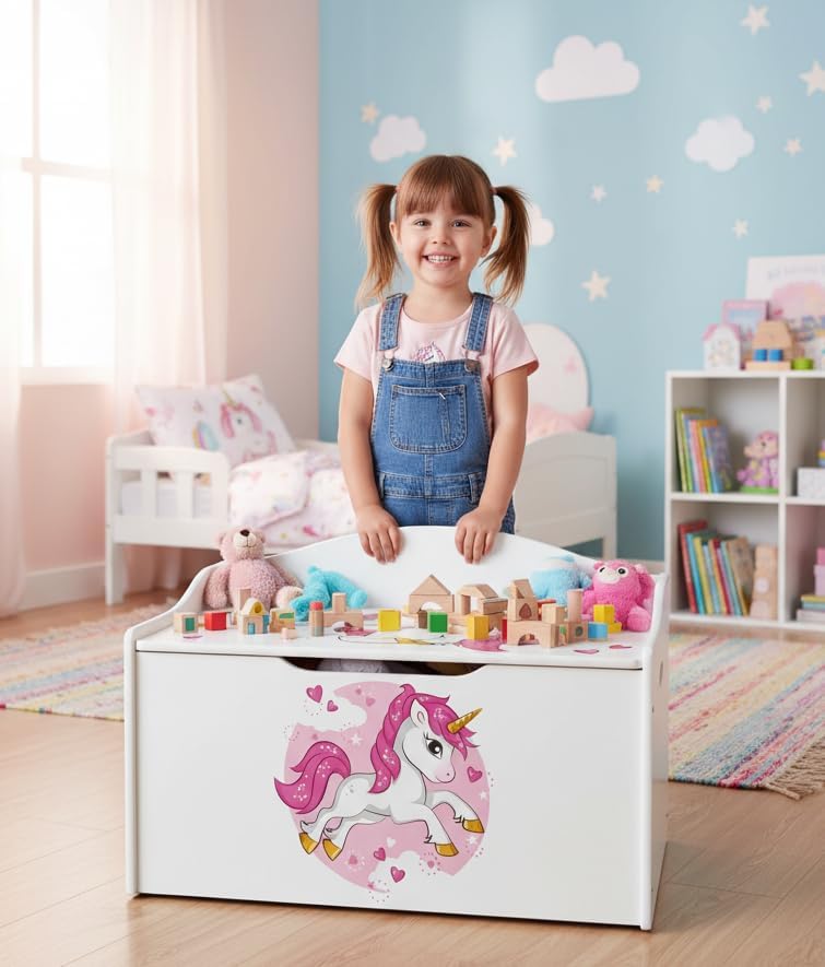 Leomark Kinderbank Hölzerne - UV-Druck: Rosa Einhorn - Kindertruhenbank, Behälter für Spielzeug, Tru