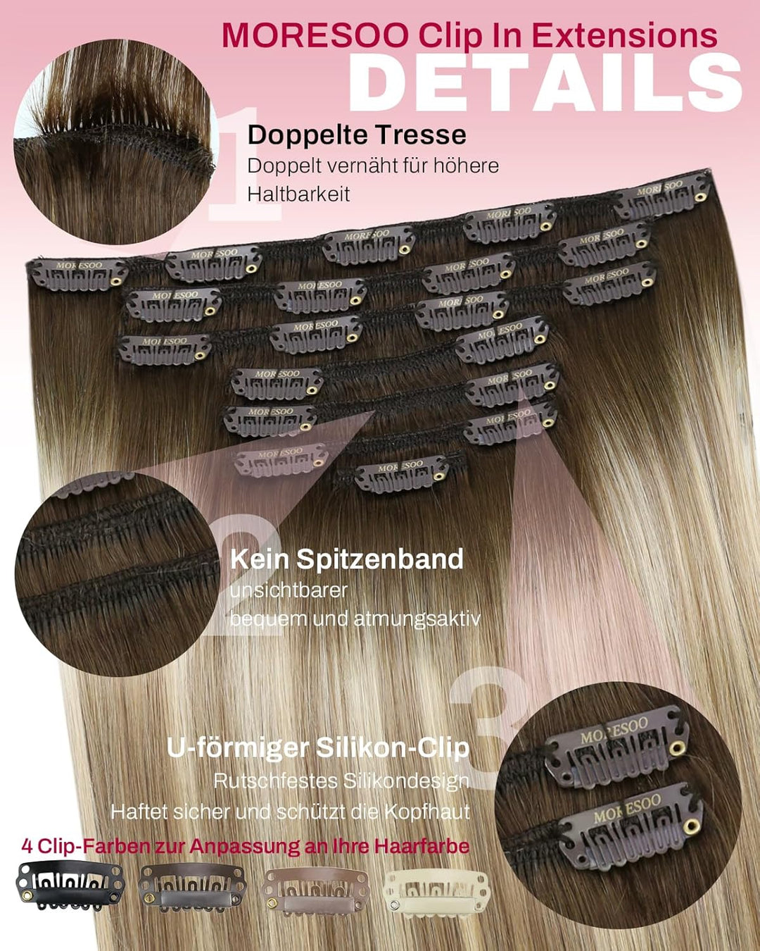 Moresoo Echthaar Extensions Clip Braun Clip in Extensions Echthaar Remy Ombre Haarverlängerung Echth