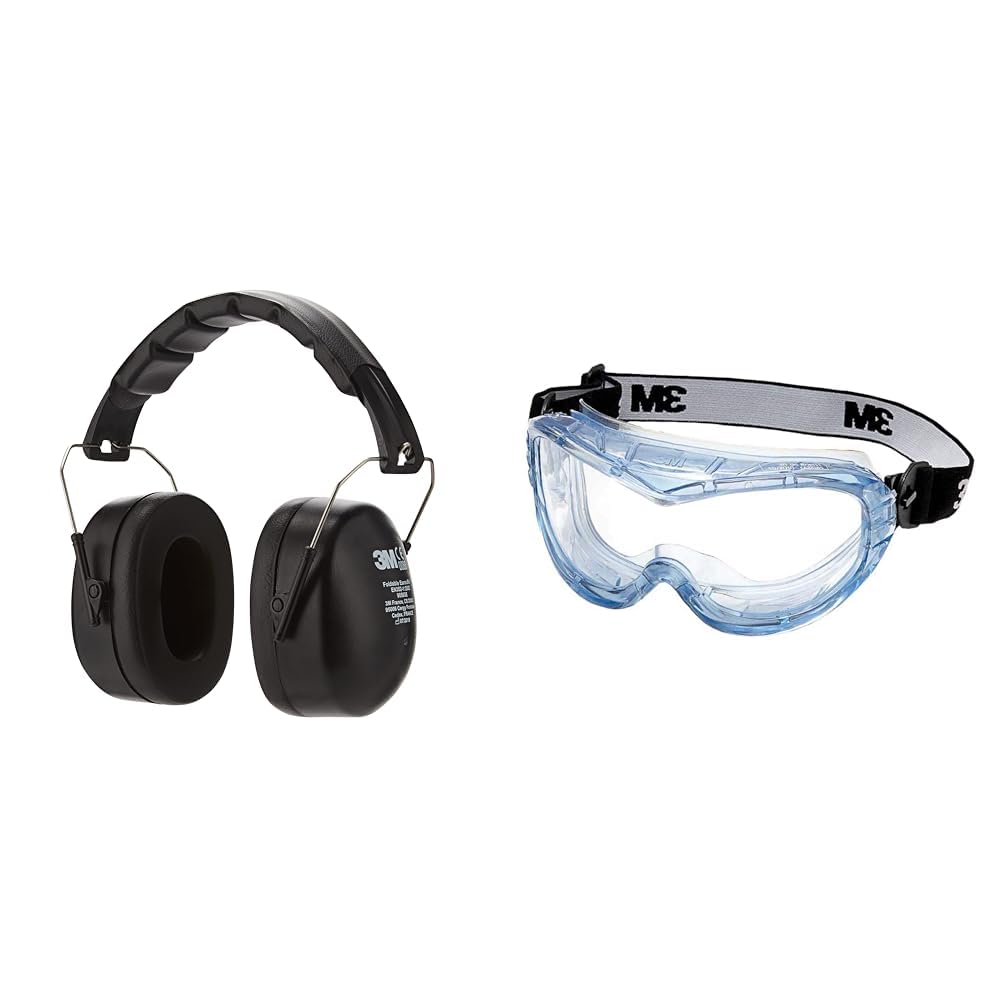 3M Kapselgehörschutz 90563E, Zusammenklappbarer Ohrenschützer &amp; Fahrenheit Schutzbrille 71360-00012,