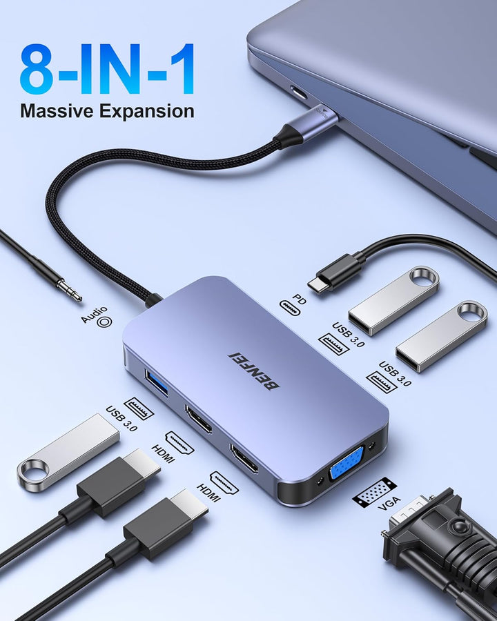 BENFEI USB C MST HUB-Docking Station 8-in-1, USB-C HUB mit 2*HDMI/1*VGA/3*USB 3.0/100W Power Deliver