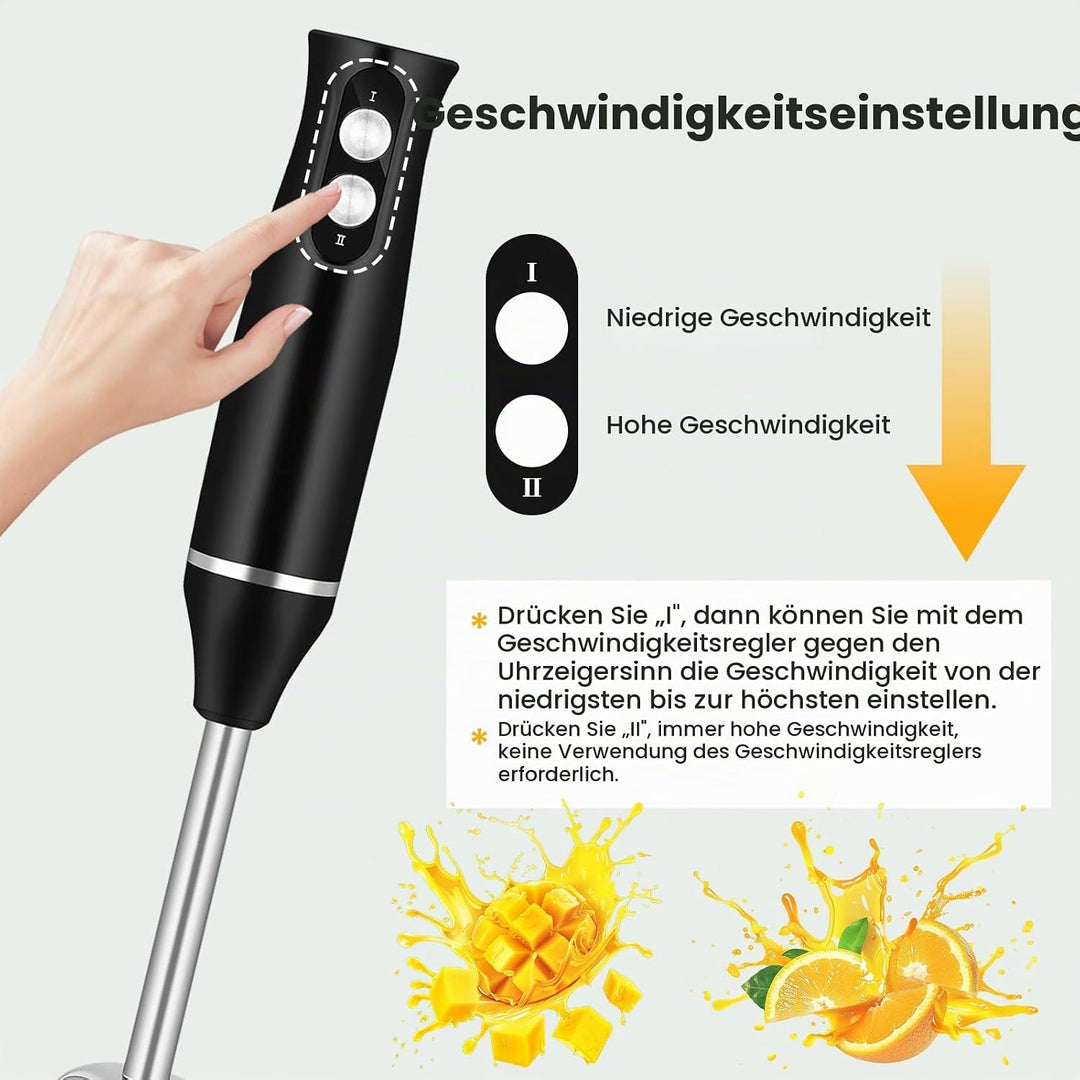 4-in-1 Stabmixer Edelstahl 500W, Pürierstab mit 2 Geschwindigkeiten, Hand Blender Set mit Schneebese