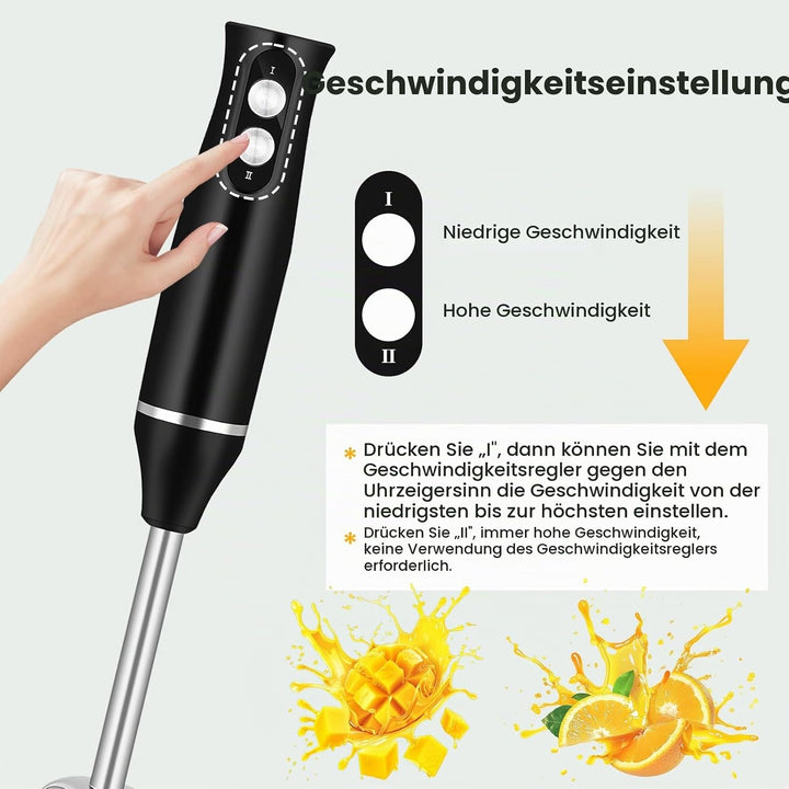 4-in-1 Stabmixer Edelstahl 500W, Pürierstab mit 2 Geschwindigkeiten, Hand Blender Set mit Schneebese
