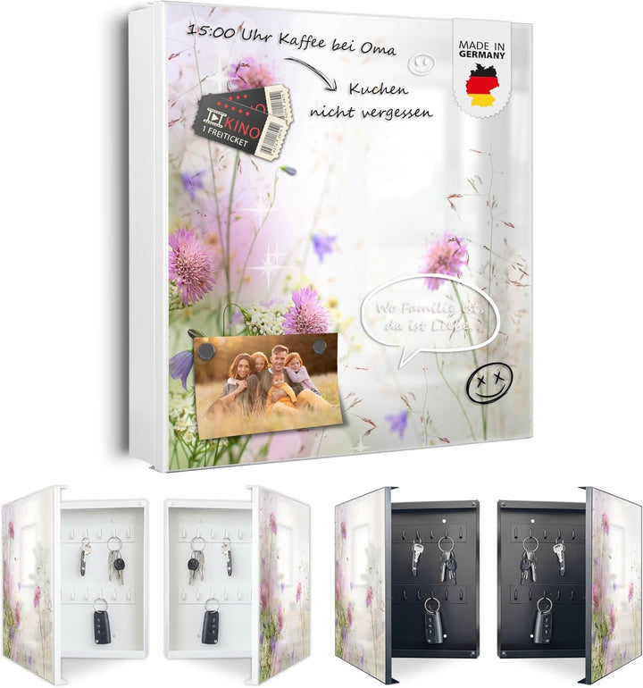 banjado® Grosser Schlüsselkasten Glas/Schlüsselbox 30cm x 30cm mit 50 Haken - Motiv Glitzernde Wiese