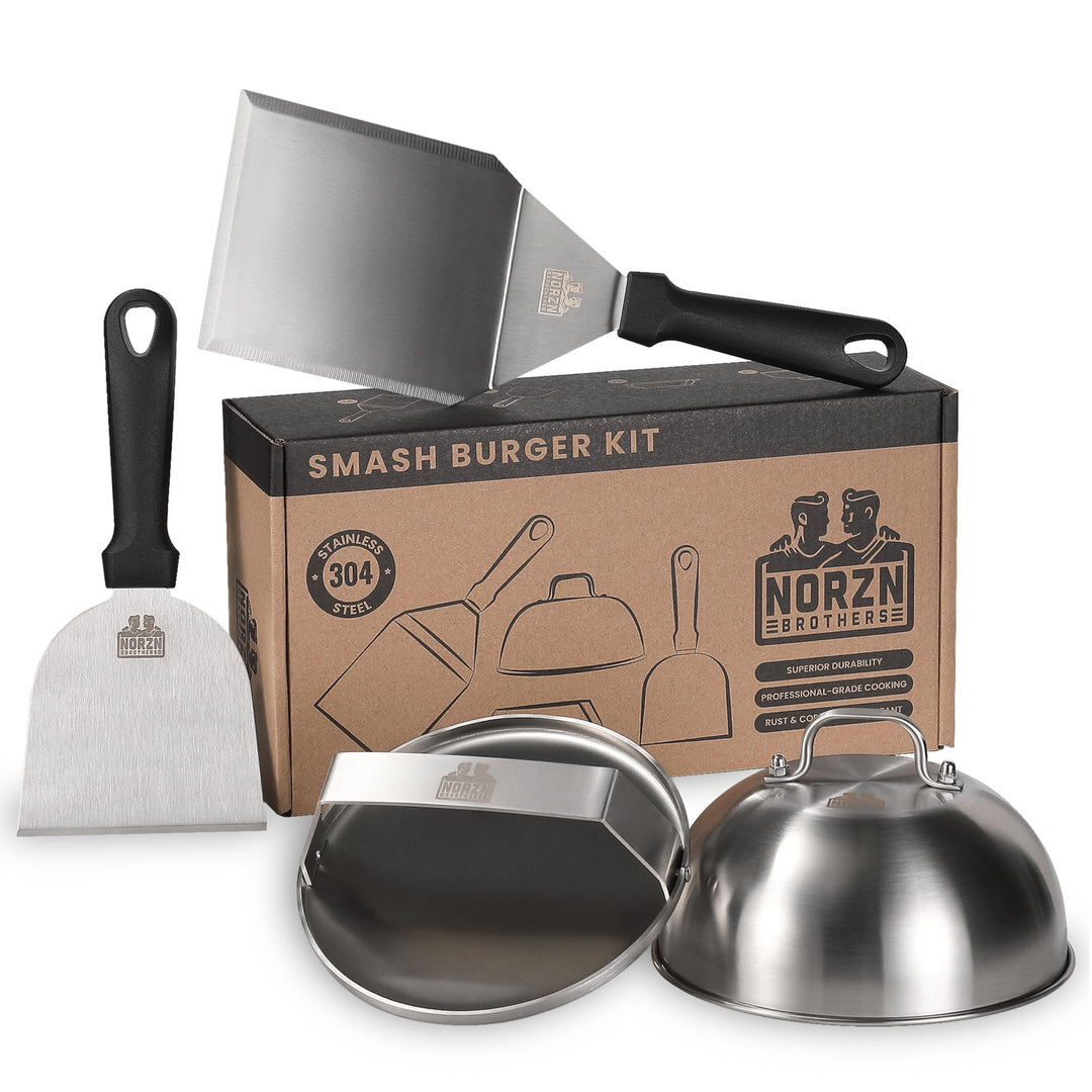 Smash Burger Set – Burger Smasher Set inkl. Hamburgerpresse, Burgerglocke Edelstahl 304, Grillspacht