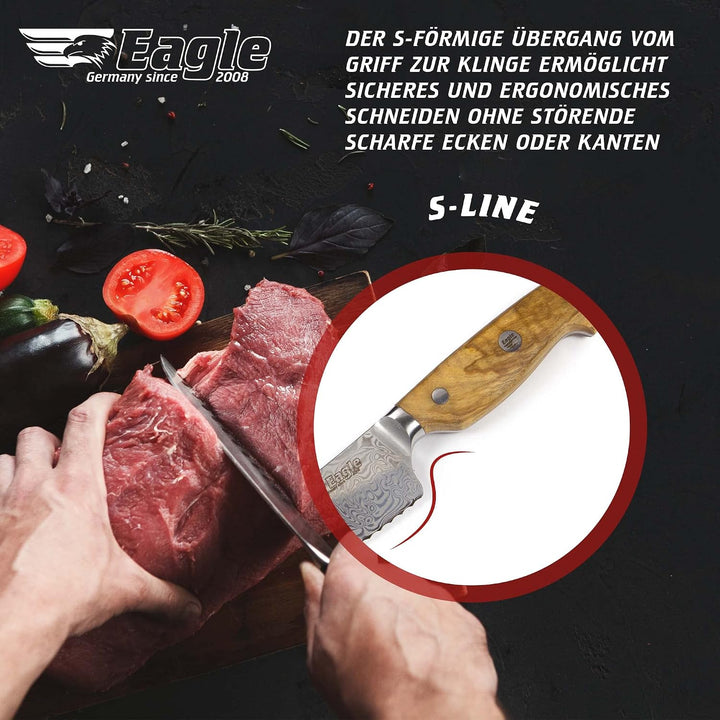 Eagle U-Grip - 5-er Messer-Set mit Bambus Messerblock - Voll-Damaststahl 108 Lagen/Heftschalen: Oliv