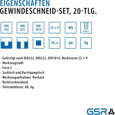 GSR Profi Gewindeschneidsatz, 20-teilig, Gewindebohrer Set M3-M12, Einschnittgewindebohrer & Schneid