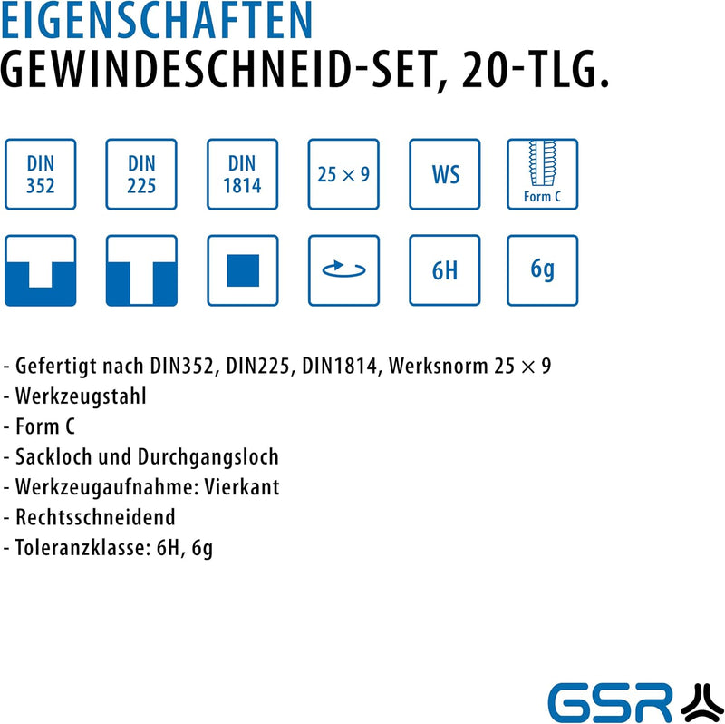 GSR Profi Gewindeschneidsatz, 20-teilig, Gewindebohrer Set M3-M12, Einschnittgewindebohrer & Schneid