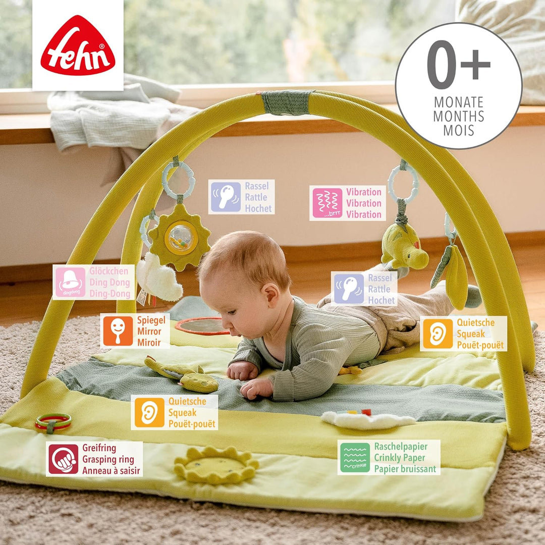 Fehn 3-D-Activity-Decke Spielbogen Happy Dino – Baby Krabbeldecke mit 4 abnehmbaren Spielzeugen zum
