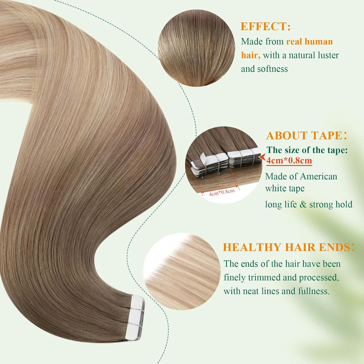 Easyouth Tape in Extension Echthaar Balayage Haar Extensions Tape Echthaar Farbe Aschbraun Mix Plati