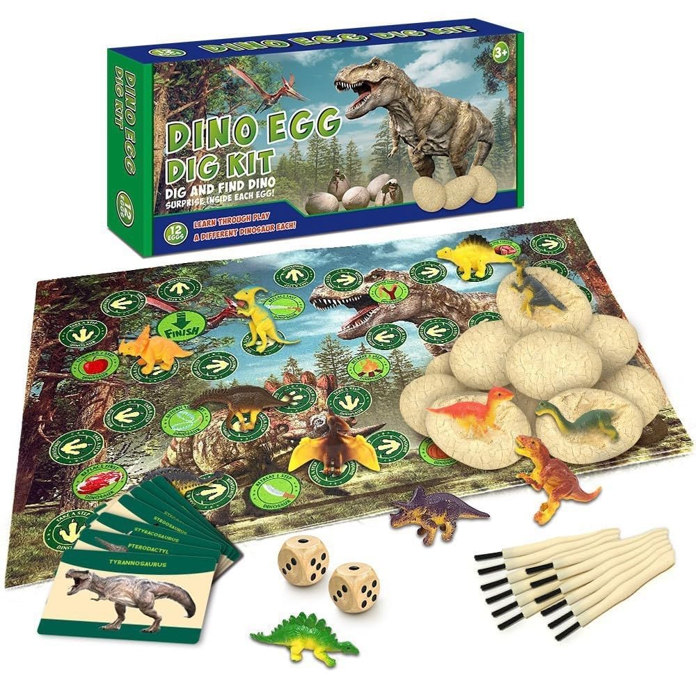 Dino Ei Ausgrabungsset, 12 Stück Dinosaurier Eier mit Ausgrabungswerkzeug, Lernkarten & Spielmatte,