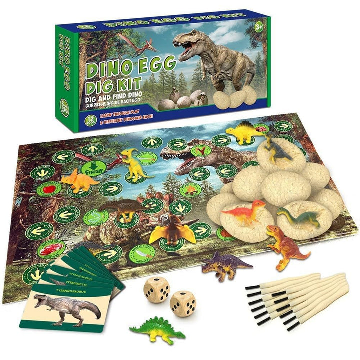 Dino Ei Ausgrabungsset, 12 Stück Dinosaurier Eier mit Ausgrabungswerkzeug, Lernkarten & Spielmatte,