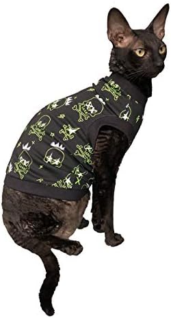 Kotomoda haarlose Katze Baumwolle Stretch T-Shirt Sculls Glow in The Dark fьr Sphynx Katzen (M) mitt