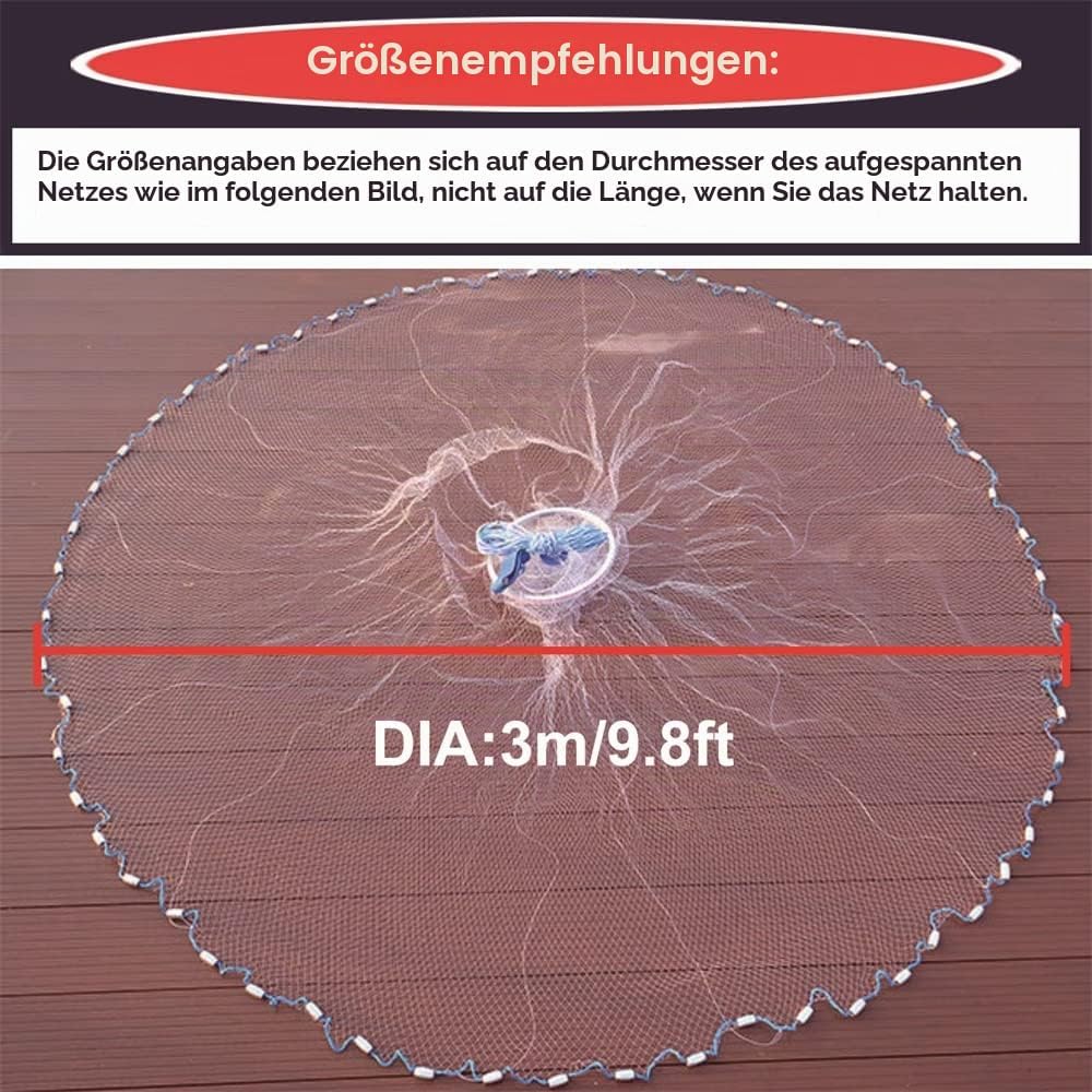 EASY BIG Amerikanisches Wurfnetz mit Aluminium-Frisbee, Fischernetz für Köderfalle, 0,8 Zoll/2 cm Ma