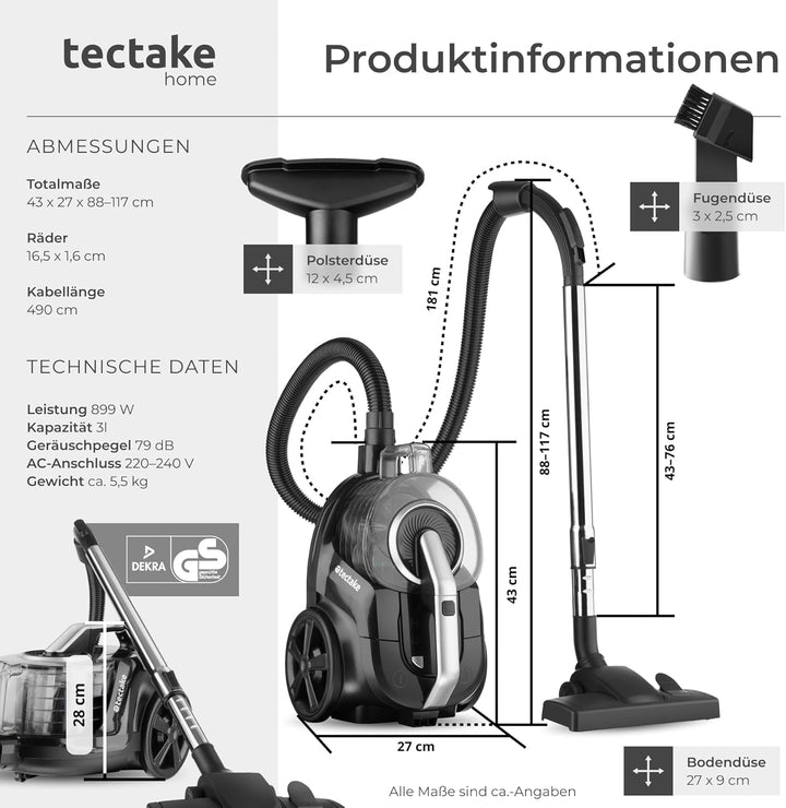 tectake® Staubsauger beutellos, VC900, 900 W, stark, beutelloser Bodenstaubsauger mit Kabel, für Tie