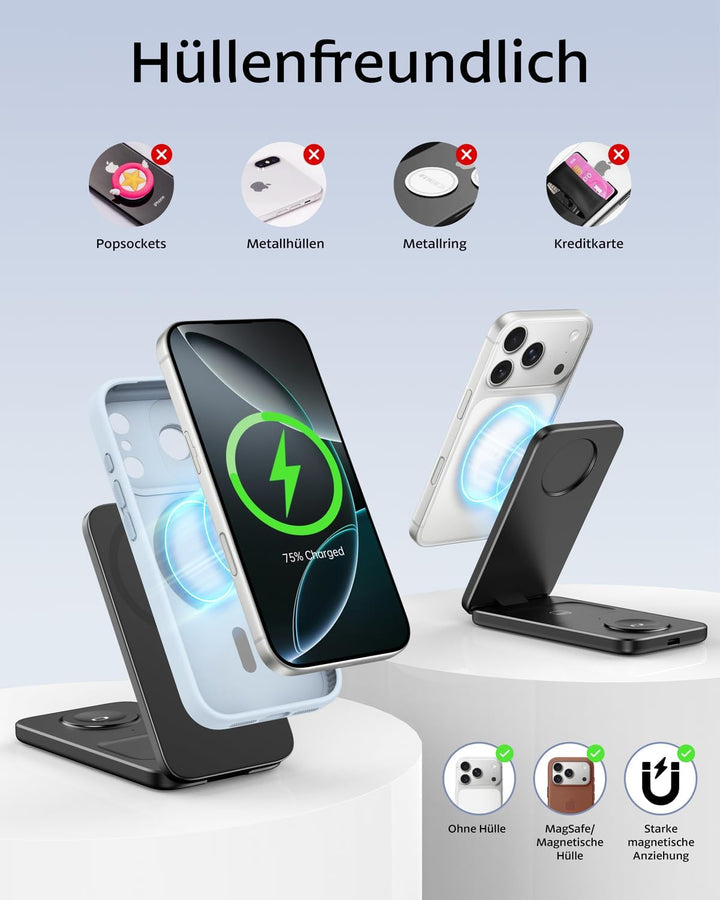 Ladestation Apple Watch und iPhone, Magnetische 3 in 1 Ladestation für iPhone 17/16/15/14/13/12 Seri
