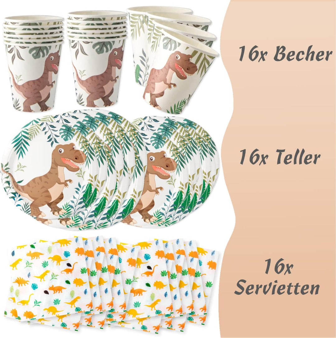Dino Party Set 48 Tlg. Kindergeburtstag Dino 16 Teller, 16 Becher und 16 Tassen Komplett Set