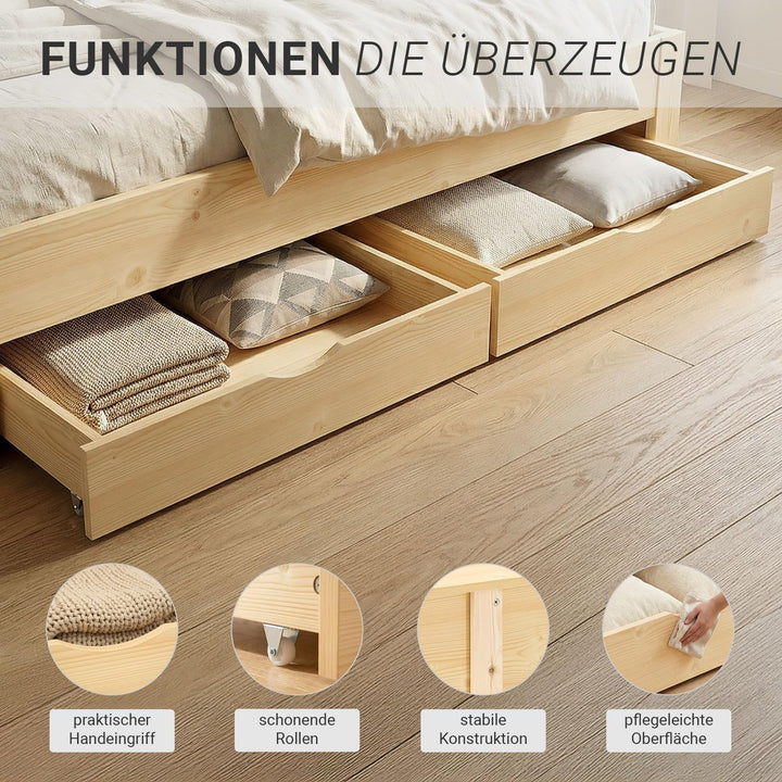 Homestyle4u Bettkasten 2er Set Holz Aufbewahrung mit Rollen, Bett Schublade Bettauszug Natur