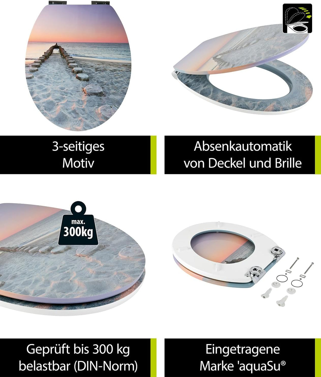 aquaSu® WC-Sitz mit Absenkautomatik, Maritim Dekor Sandbank, Gloss Toilettensitz mit Holzkern & Schn