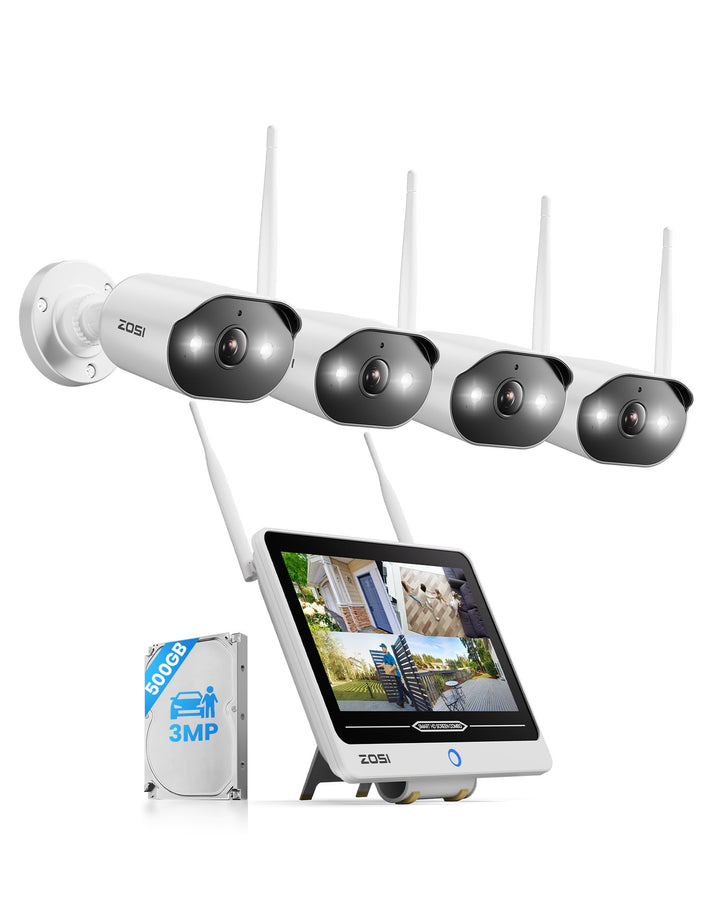 ZOSI 2K Wi-Fi 6 Überwachungskamera Set Aussen mit 12" Monitor-NVR, 500GB | 4x 3MP WLAN-Kameras mit 2