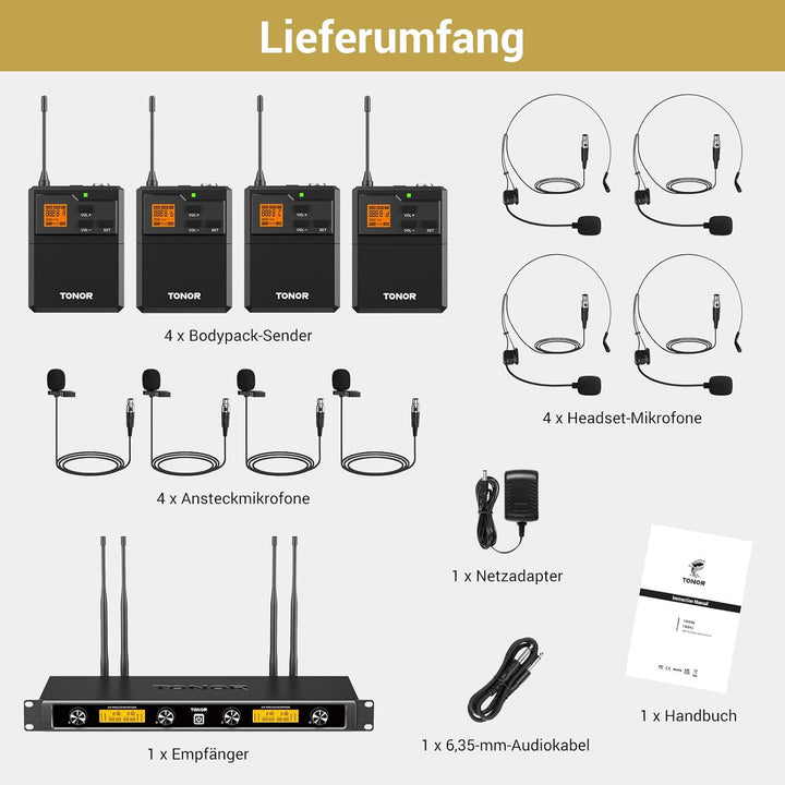 TONOR 4-Kanal UHF Mikrofon Kabellos Set mit 4 Bodypack Transmitter/Headset/Lavalier Wireless Microph