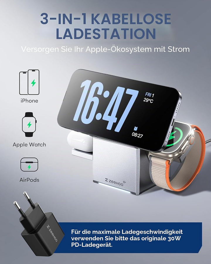 ZEEHOO 3 in 1 Ladestation for Apple Magsafe Ladegerät, CubeTrick-X Qi2 15W Wireless Charger für iPho