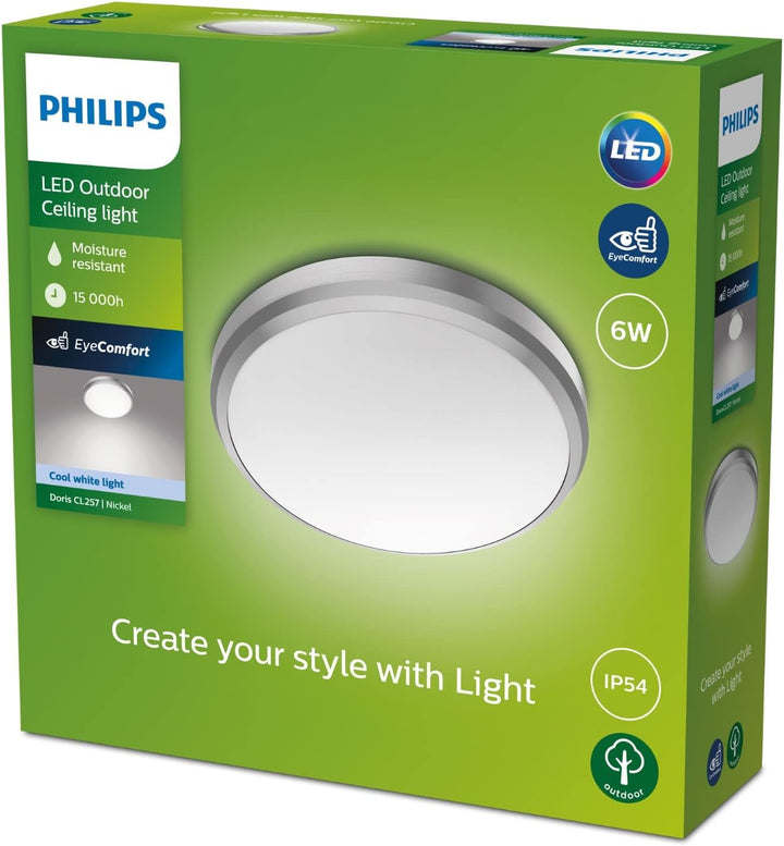 Philips Outdoor LED Deckenleuchte Doris, nickel, 6W, kaltweisses Licht 4.000K, IP54 Schutzklasse, in