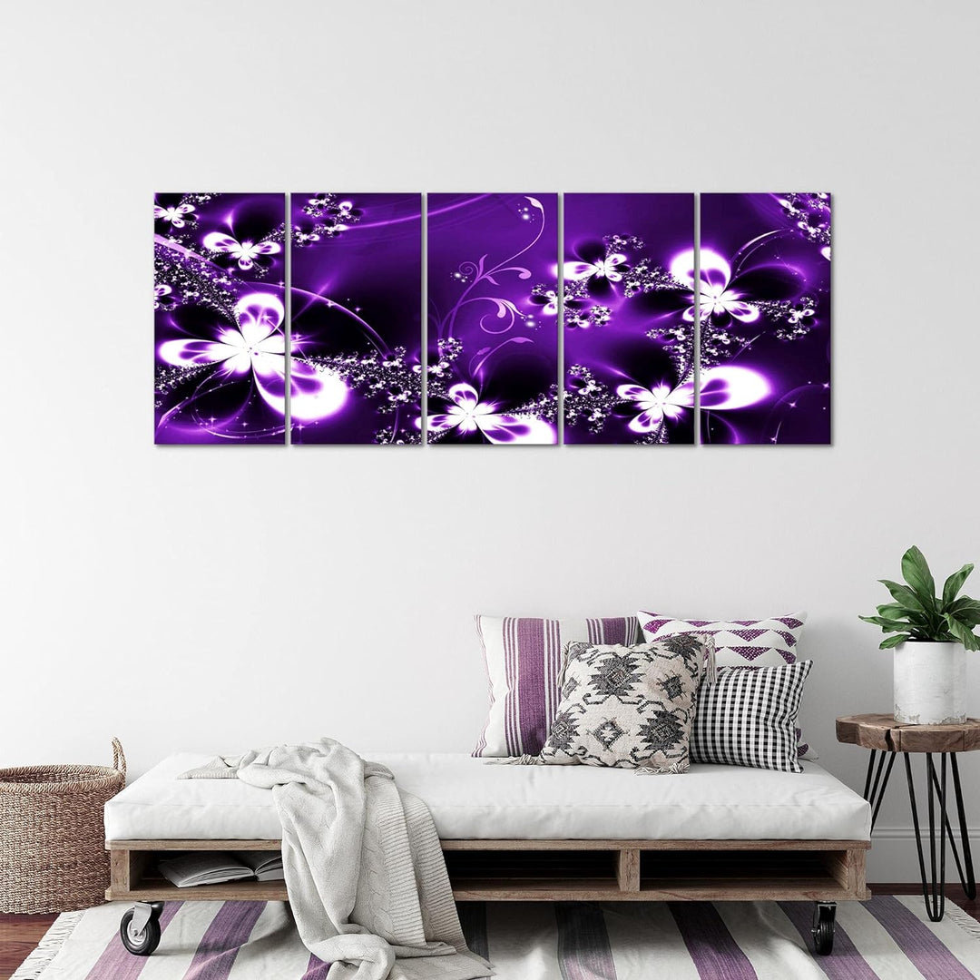 Runa Art Wandbild XXL Abstrakt Blumen Wohnzimmer Schlafzimmer 200 x 80 cm Lila 5 Teilig - Made in Ge