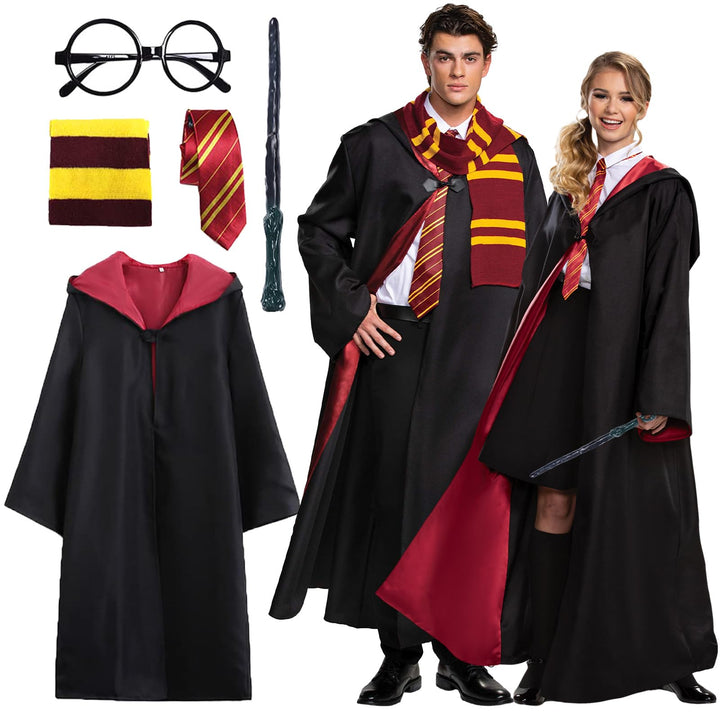 Magic Robe, Umhang,4PCS Zauberer Cosplay Kostüm für Erwachsene,with Cape,Magic Wand,Glasses,Scarf,Ti