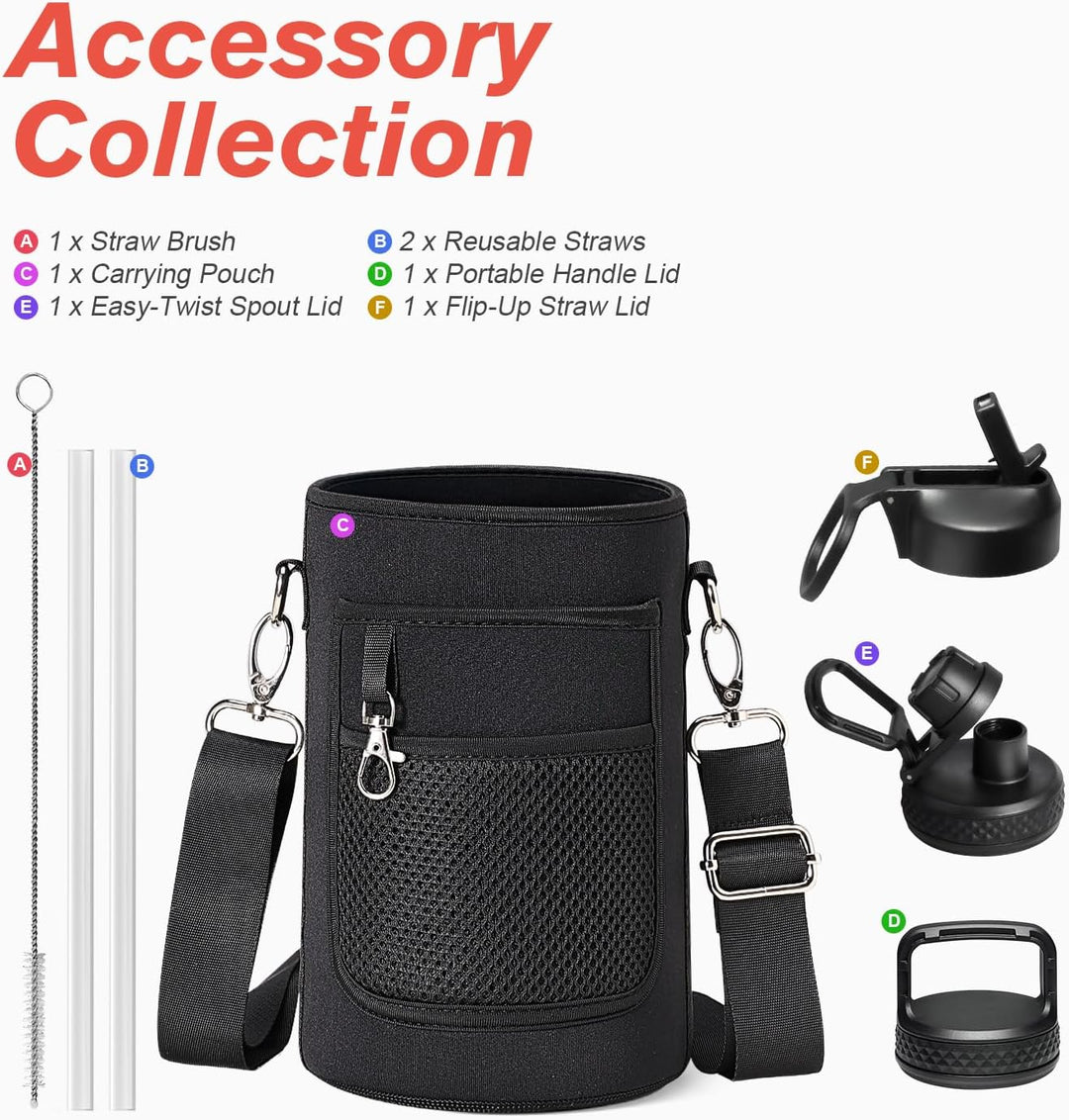 Isolierte Wasserflasche 2L, Coolflask Wasserflasche mit Strohhalm &amp; 3 Deckeln, Isolierte trinkflasch
