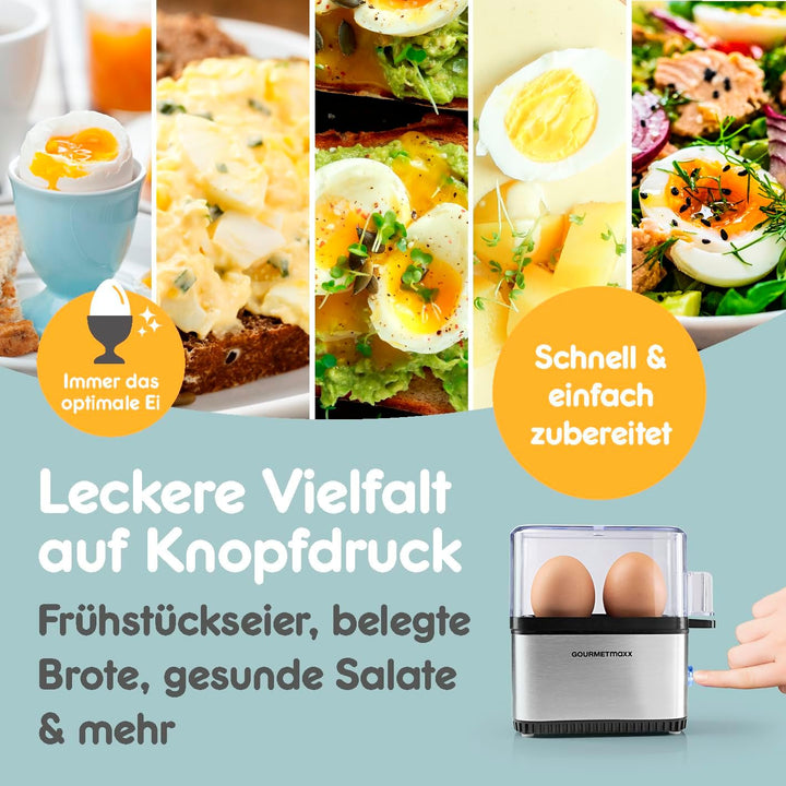 GOURMETmaxx Design Eierkocher für 2 Eier | kompakter Egg Boiler | Egg Cooker mit Eierstecher, Messbe