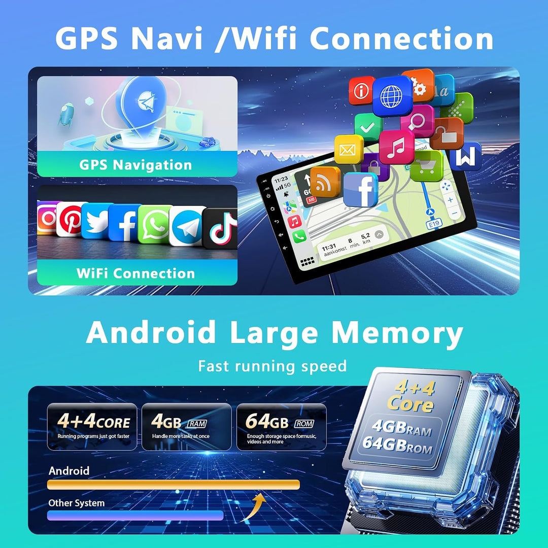 4GB + 64GB 2 Din Autoradio mit Kabelloses Carplay Android Auto, Motorsi 9" Bildschirm Touchscreen Ca