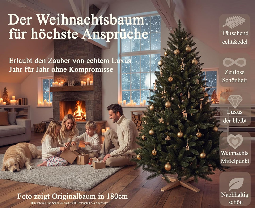 Hochwertiger künstlicher Weihnachtsbaum 180cm mit Holzfuss - Premium Weihnachtsbaum künstlich mit di
