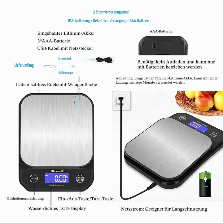 Rhorawill Kaffeewaage, Digitale Küchenwaage USB Aufladen, 5kg/0.1g Hochpräzise Digital Kaffee Skala