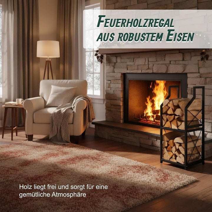 Relaxdays Kaminholzregal, 2 Ebenen, Metall, HxBxT: 81,5 x 34,5 x 30,5 cm, Brennholzregal innen, Feue